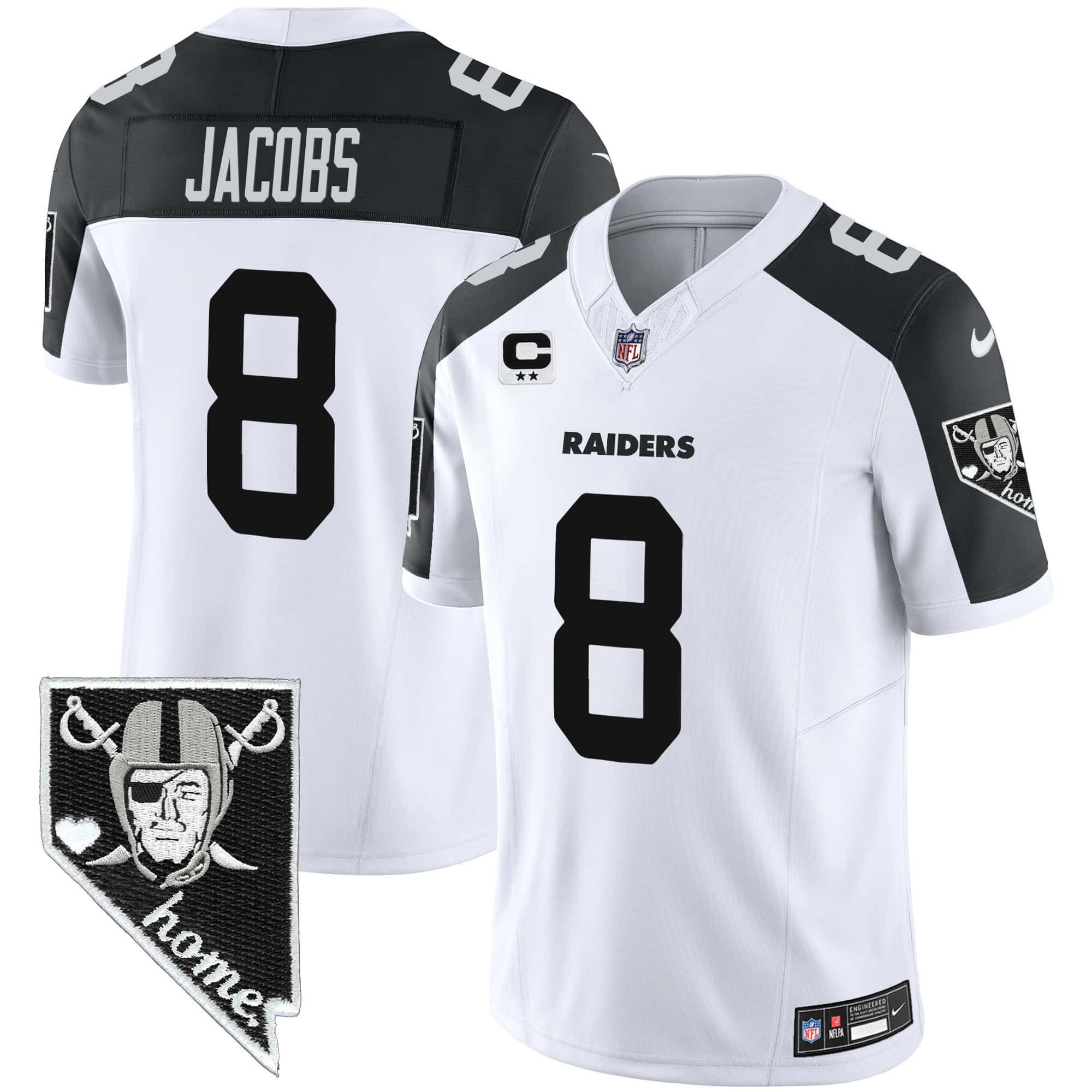 Men Oakland Raiders #8 Jacobs White 2024 Nike Nevada Home Patch Vapor NFL Jersey style 1